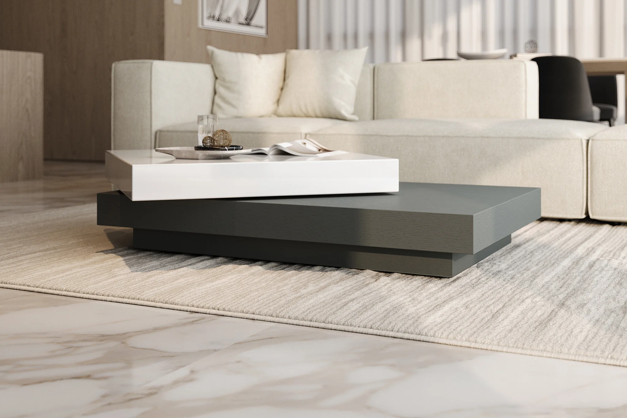 Inkstone 2-Tier Swivel Coffee Table – White Top & Black Oak Base - Image 3